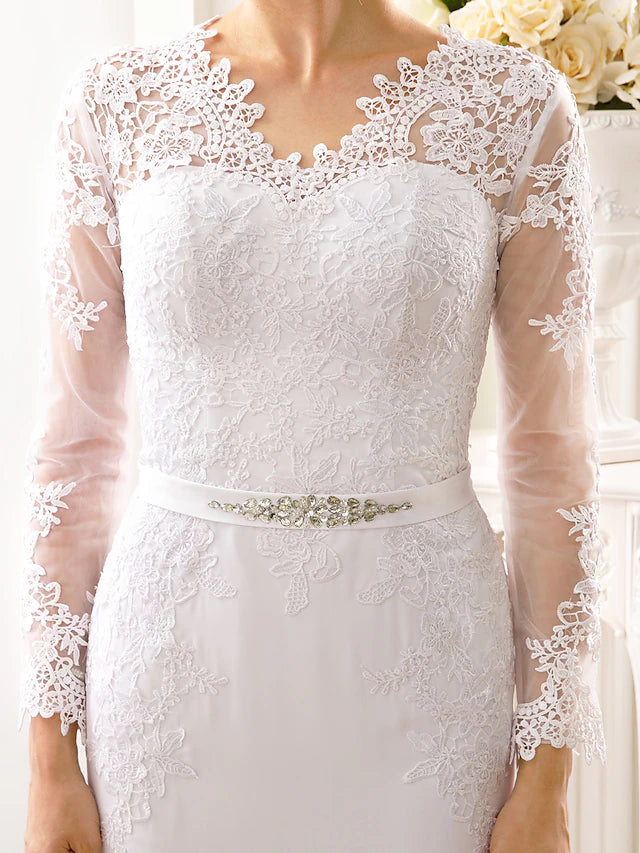 Engagement Open Back Formal Wedding Dresses Court Train Mermaid / Trumpet Long Sleeve Illusion Neck Chiffon With Sash