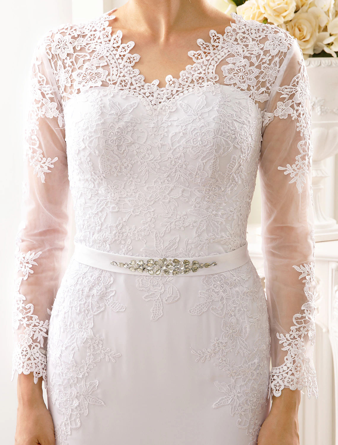 Engagement Open Back Formal Wedding Dresses Mermaid / Trumpet Illusion Neck Long Sleeve Court Train Chiffon Bridal Gowns With Sash