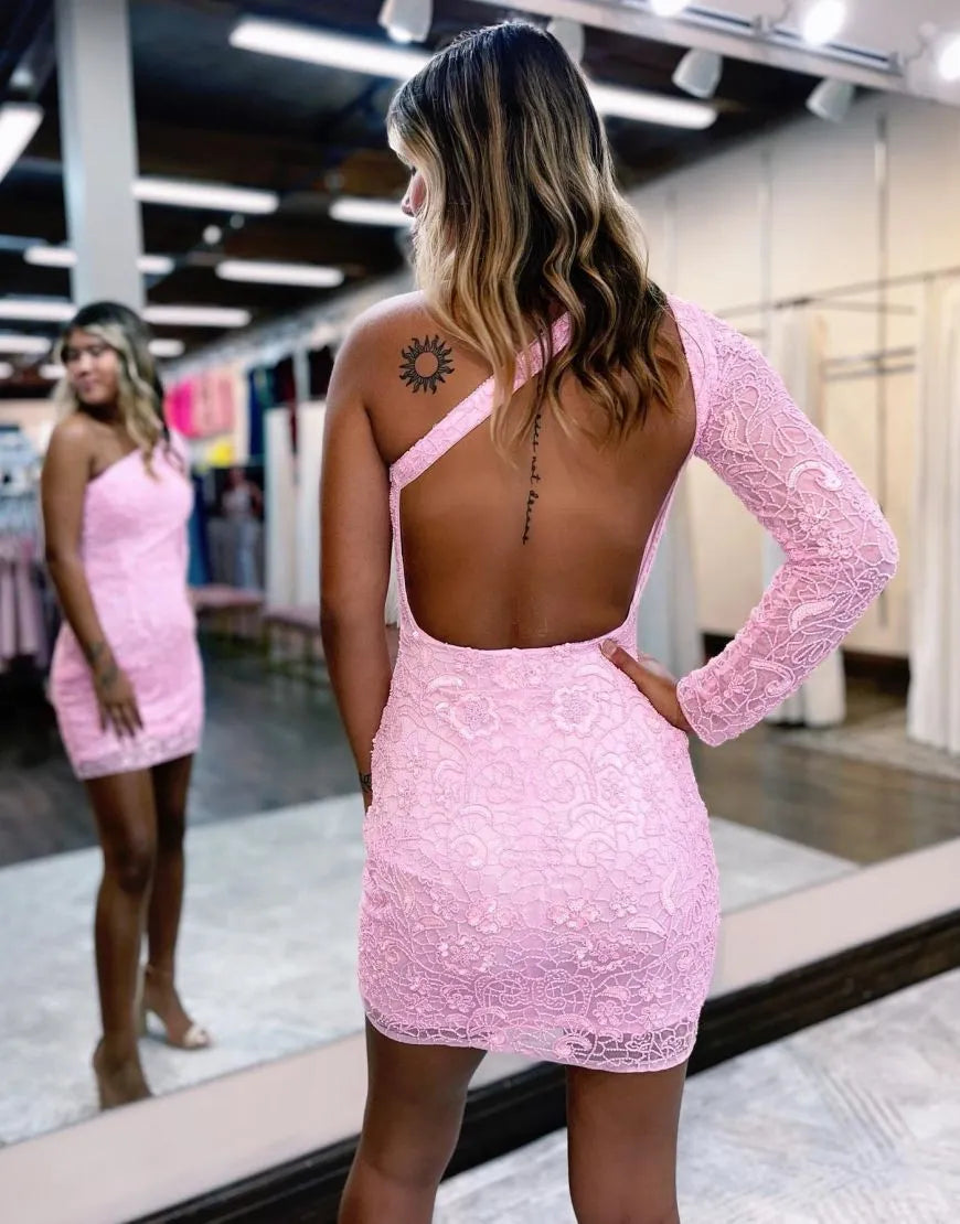 Shoulder Open Back Lace Homecoming Dress Pink Sexy Short
