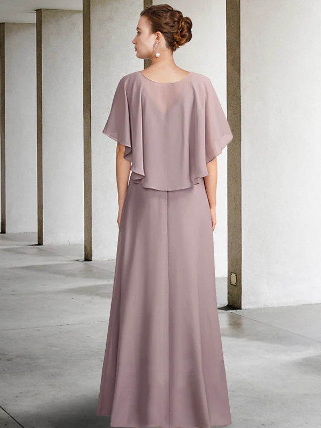 Two Piece Mother of the Bride Dress Plus Size Elegant V Neck Floor Length Chiffon Sleeveless Wrap Included Jacket Dresses with Pleats