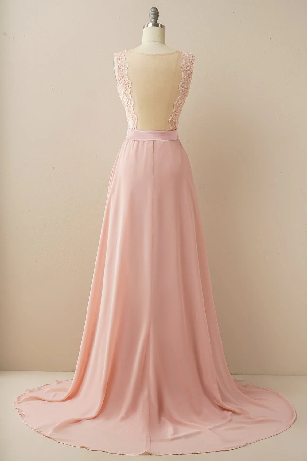 A-Line Empire Elegant Prom Formal Evening Dress Illusion Neck Sleeveless Floor Length Georgette Beaded Lace