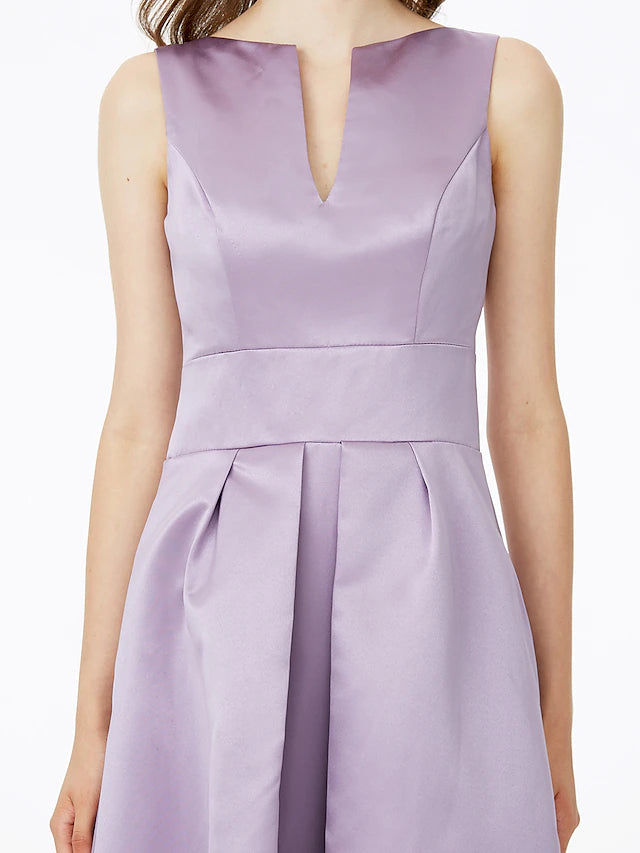 A-Line Bridesmaid Dress Notched Sleeveless Elegant Floor Length Satin with Pleats