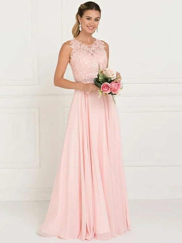 A-Line Bridesmaid Dress Jewel Neck Sleeveless Elegant Sweep / Brush Train Tulle with Lace / Sash