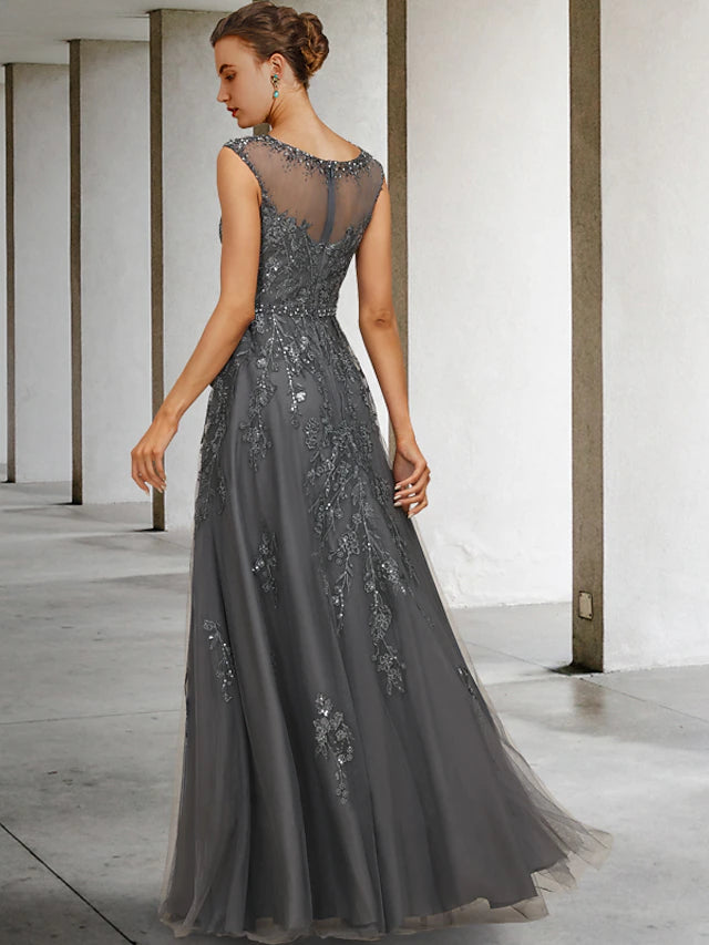 A-Line Mother of the Bride Dress Luxurious Elegant Jewel Neck Floor Length Lace Tulle Sleeveless with Sash Beading Sequin