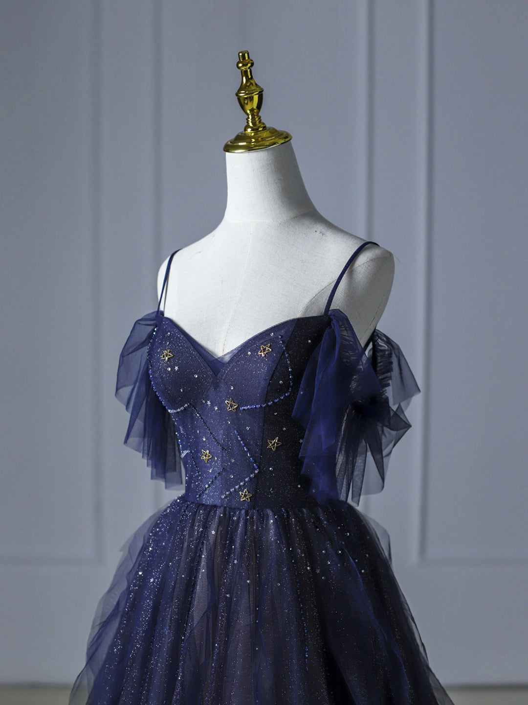 Blue Gradient Tulle Long Prom Dress Beautiful Spaghetti Strap Evening Party Dress Sexy