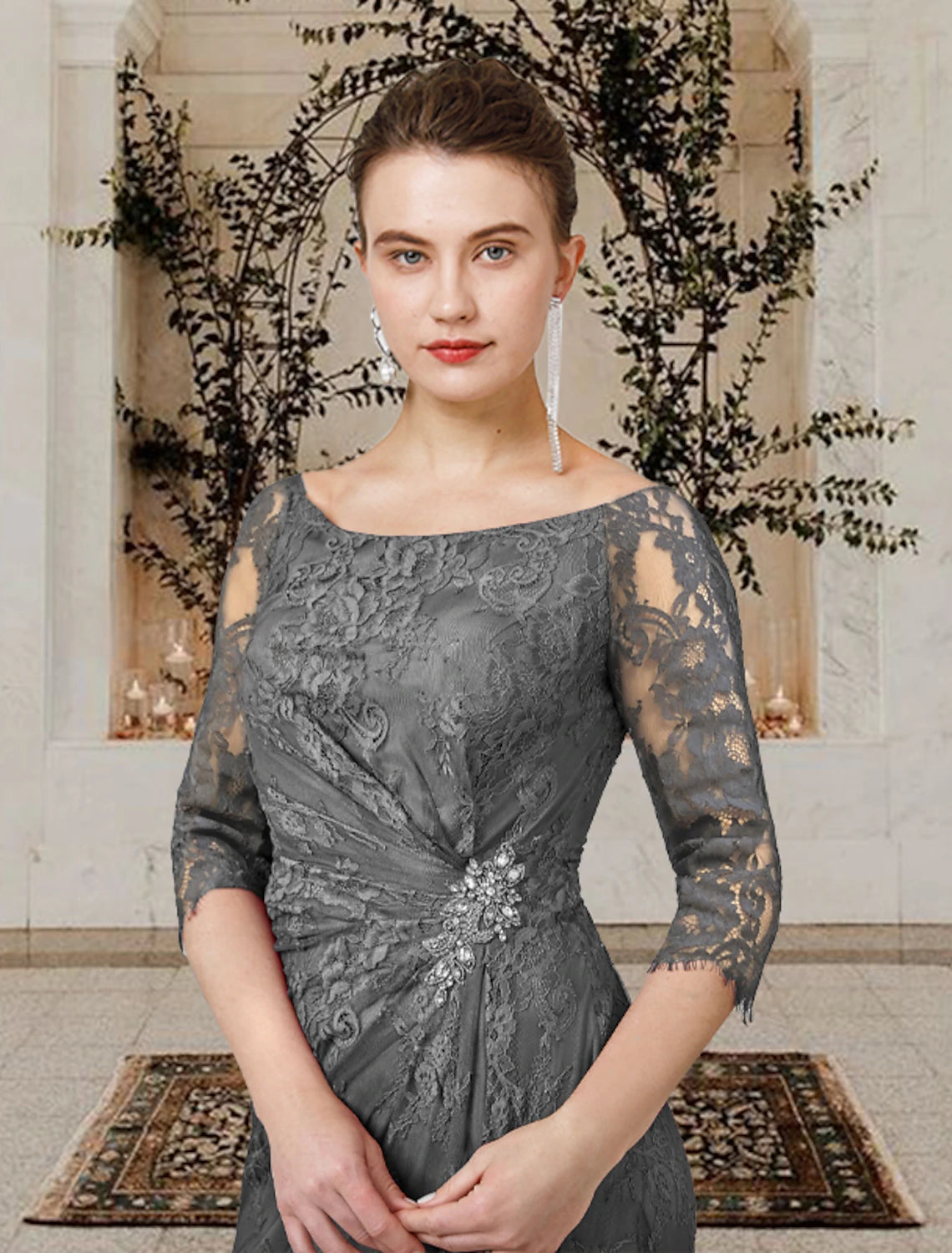 A-Line Mother of the Bride Dress Wedding Guest Plus Size Elegant Jewel Neck Floor Length Lace Short Sleeve with Ruffles Crystal Brooch