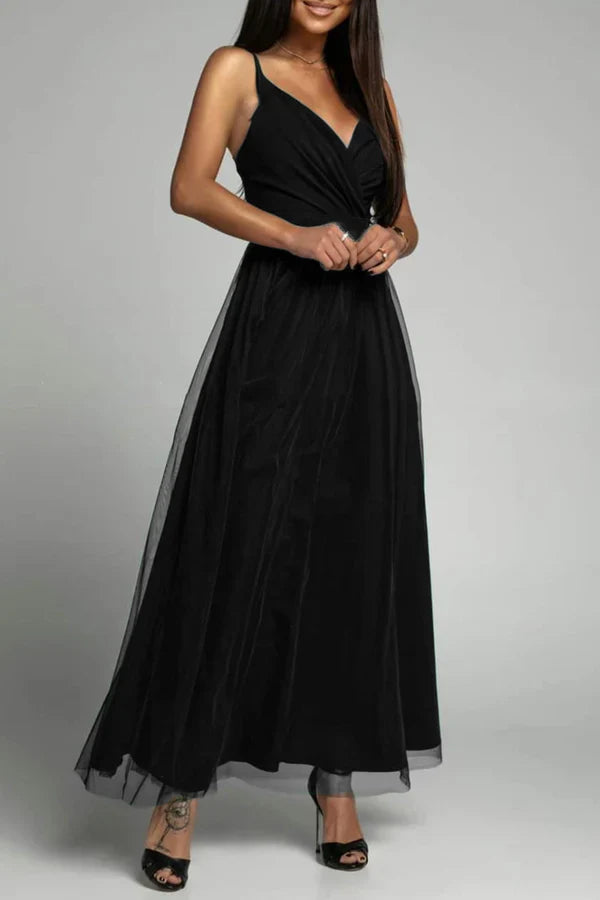 Elegant solid color patchwork V-neck A-line evening dress Sexy
