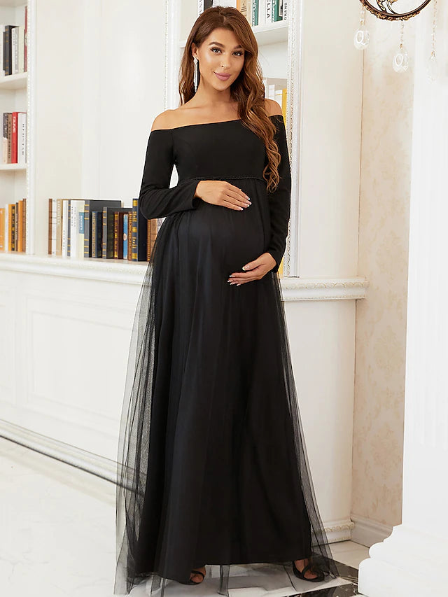 A-Line Mother of the Bride Dress Maternity Elegant Off Shoulder Floor Length Tulle Long Sleeve with Tier Black