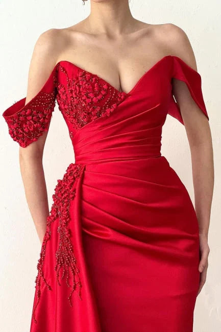 Red mermaid off shoulder lace long evening dress Floor Length with Appliques