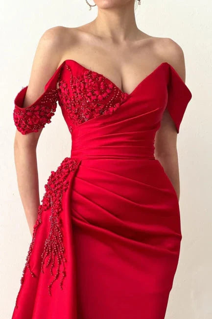 Red mermaid off shoulder lace long evening dress Floor Length with Appliques