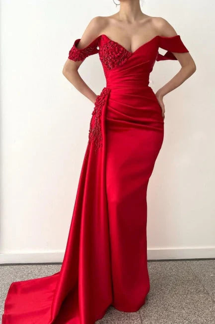 Red mermaid off shoulder lace long evening dress Floor Length with Appliques
