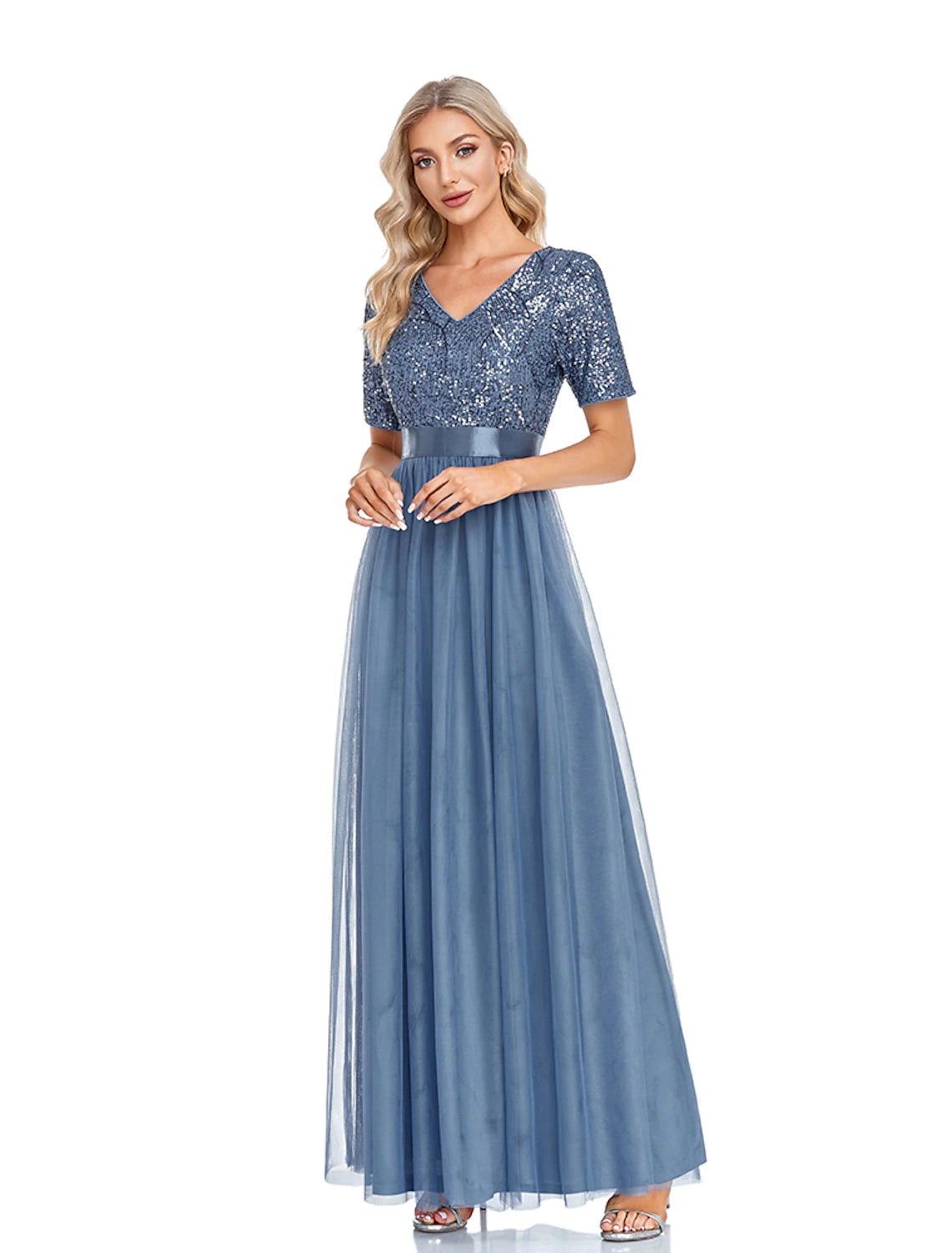 A-Line Evening Gown Elegant Dress Wedding Guest Floor Length Short Sleeve V Neck Tulle with Sequin