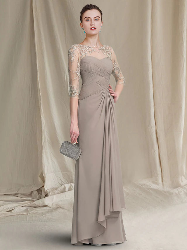 A-Line Mother of the Bride Dress Plus Size Elegant Jewel Neck Floor Length Chiffon Lace 3/4 Length Sleeve with Ruched