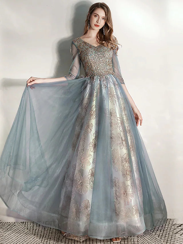 A-Line Prom Dresses Elegant Dress Engagement Floor Length Half Sleeve V Neck Tulle with Pleats Pattern / Print