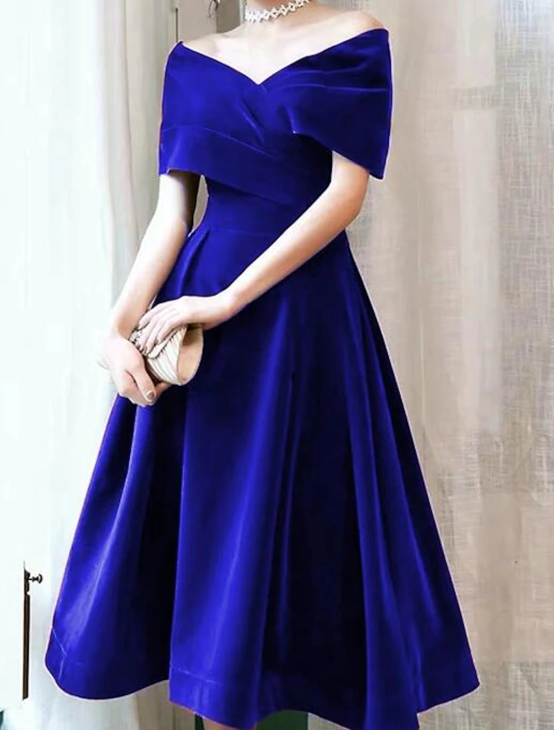 A-Line Cocktail Dresses 1950s Dress Fall Wedding Guest Dress Knee Length Short Sleeve Off Shoulder Velvet with Pleats
