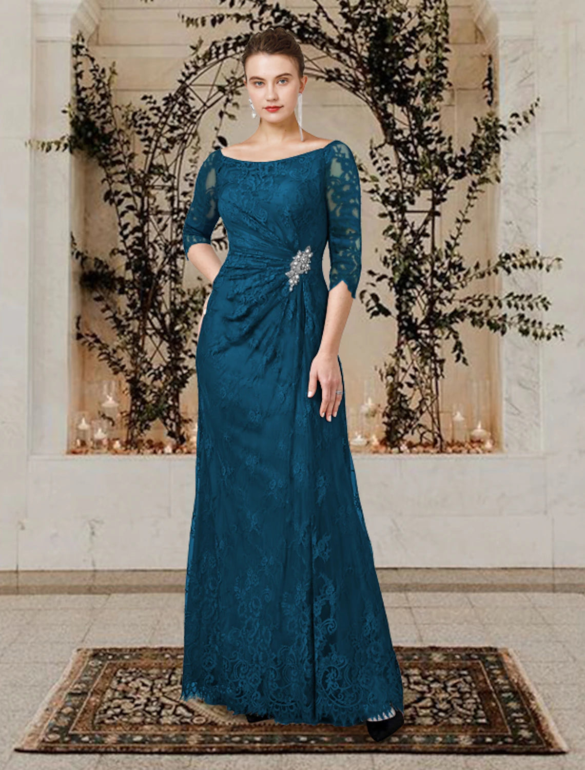 A-Line Mother of the Bride Dress Wedding Guest Plus Size Elegant Jewel Neck Floor Length Lace Short Sleeve with Ruffles Crystal Brooch