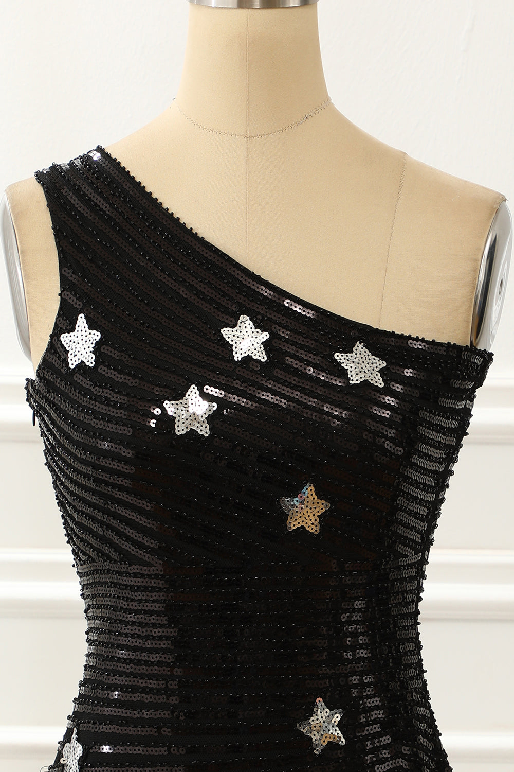 Black One Shoulder Sequin Cocktail Dress With Stars Short Sexy