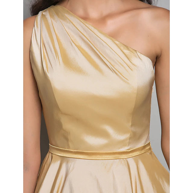 A-Line Minimalist Elegant Cocktail Party Wedding Party Dress One Shoulder Sleeveless Tea Length Taffeta with Sash