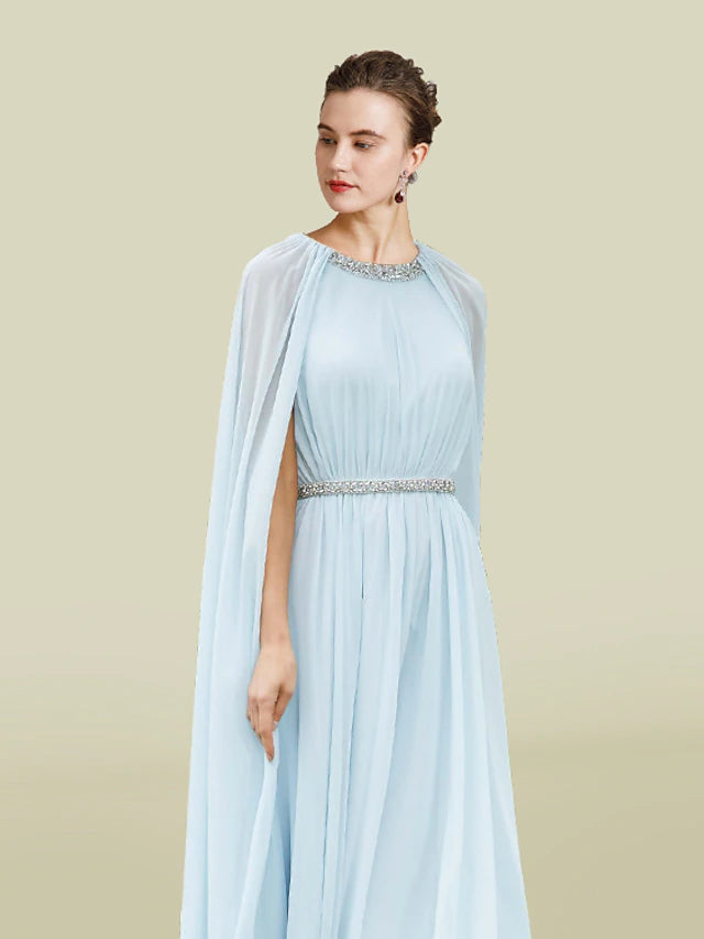 Sheath / Column Mother of the Bride Dress Elegant Jewel Neck Tea Length Chiffon Sleeveless with Pleats Beading Crystal