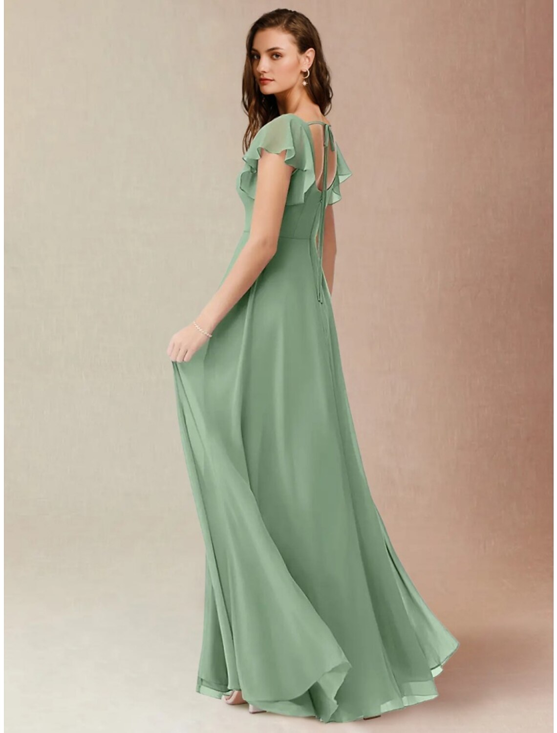 A-Line Bridesmaid Dress Square Neck Short Sleeve Elegant Floor Length Chiffon with Split Front