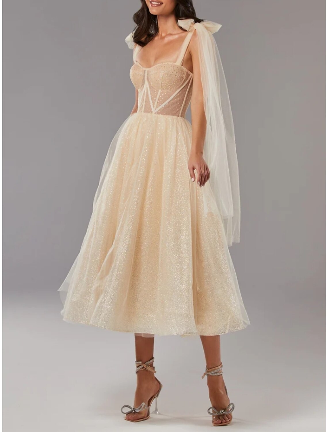 A-Line Prom Dresses Elegant Dress Formal Tea Length Sleeveless Sweetheart Tulle with Pleats