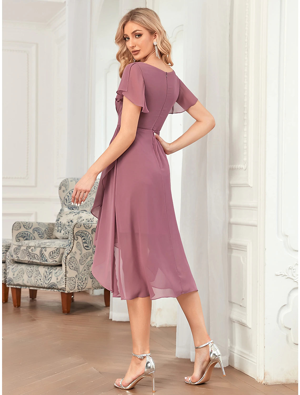 A-Line Bridesmaid Dress Plunging Neck Sleeveless Elegant Asymmetrical / Short / Mini Chiffon with Pleats / Cascading Ruffles