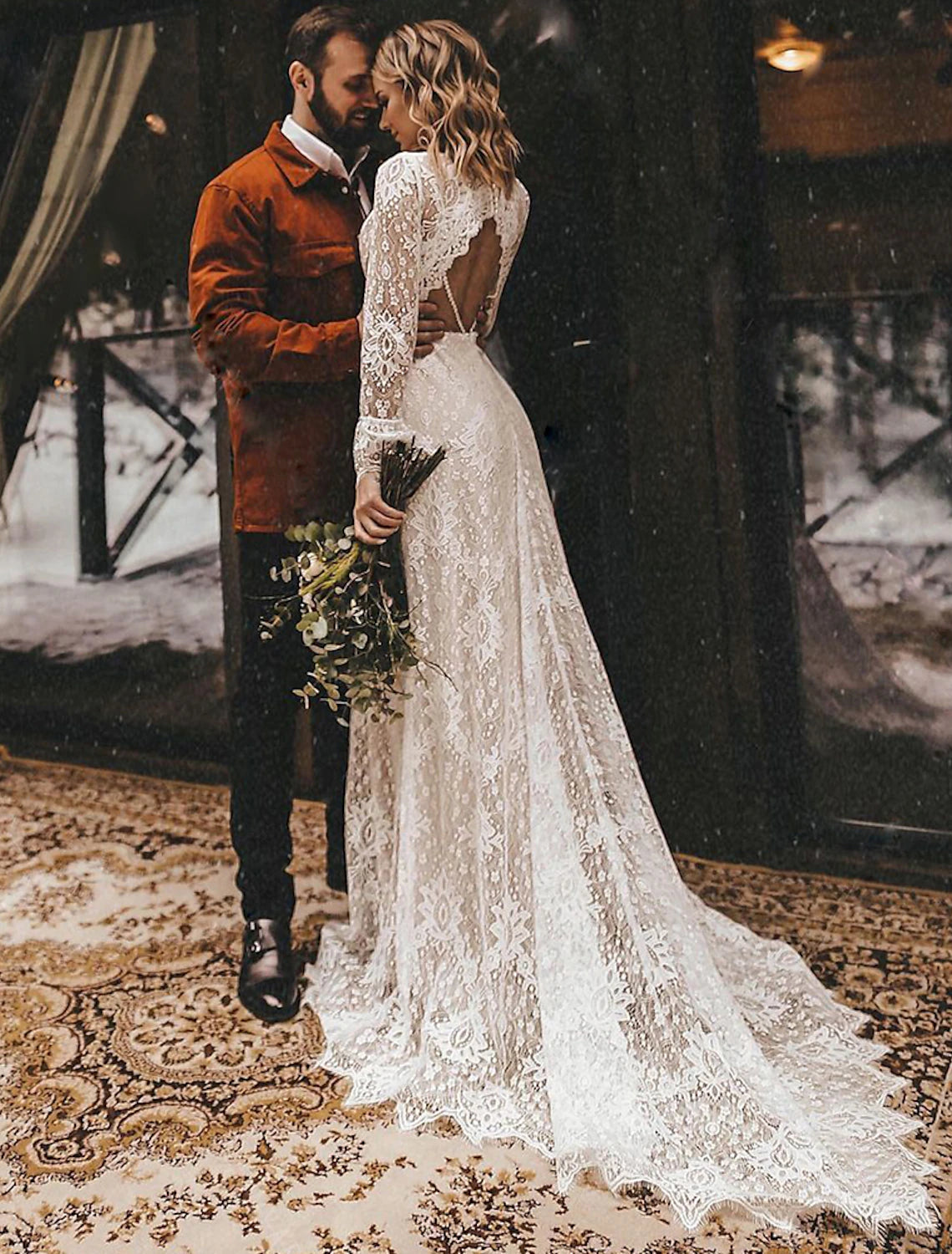 A-Line Wedding Dresses Ankle Length Vintage Little White Dresses Long Sleeve V Neck Chiffon With Solid Color Bridal