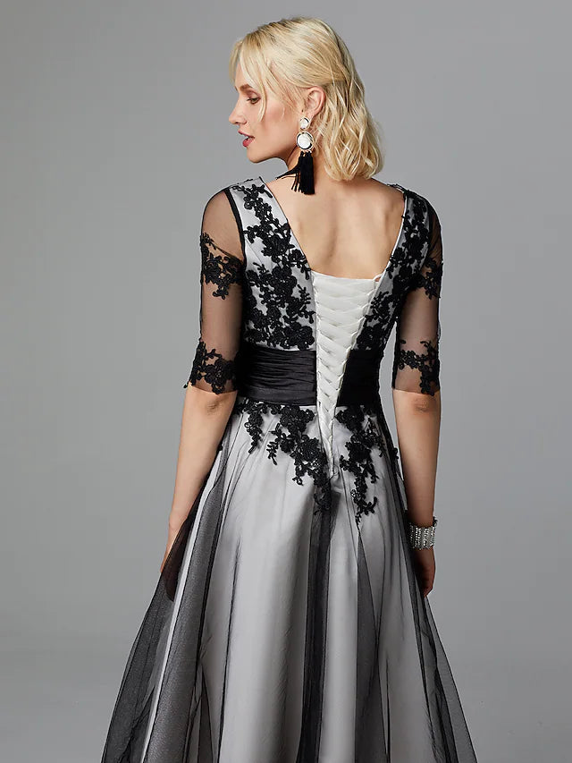A-Line Vintage Dress Wedding Guest Tea Length Half Sleeve Jewel Neck Lace with Sash / Ribbon