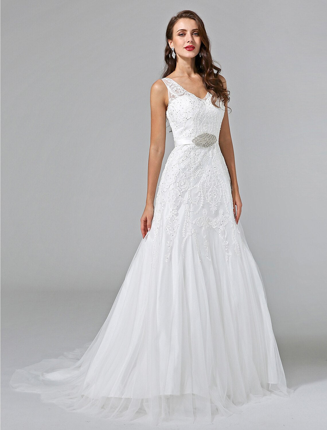 Wedding Dresses A-Line V Neck Sleeveless Court Train Lace Bridal Gowns With Sash Beading