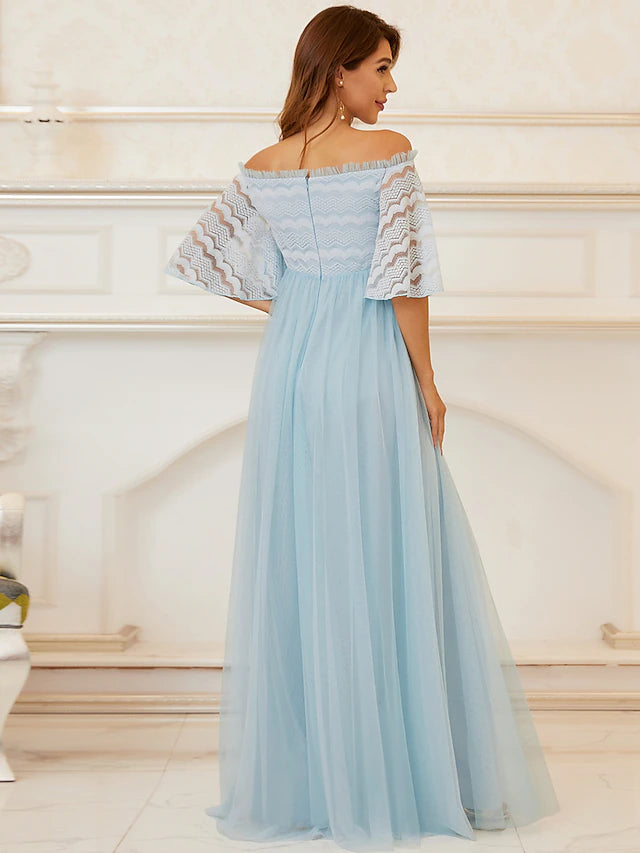 A-Line Mother of the Bride Dress Maternity Elegant Off Shoulder Floor Length Lace Tulle Sleeveless with Tier Beautiful