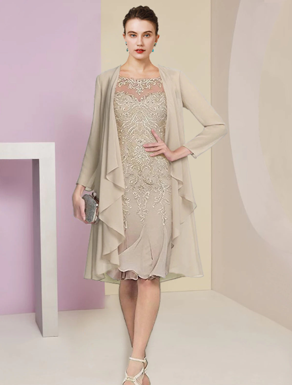 Two Piece Mermaid / Trumpet Mother of the Bride Dress Formal Wedding Guest Vintage Elegant Scoop Neck Knee Length Chiffon Lace Half Sleeve Jacket Dresses
