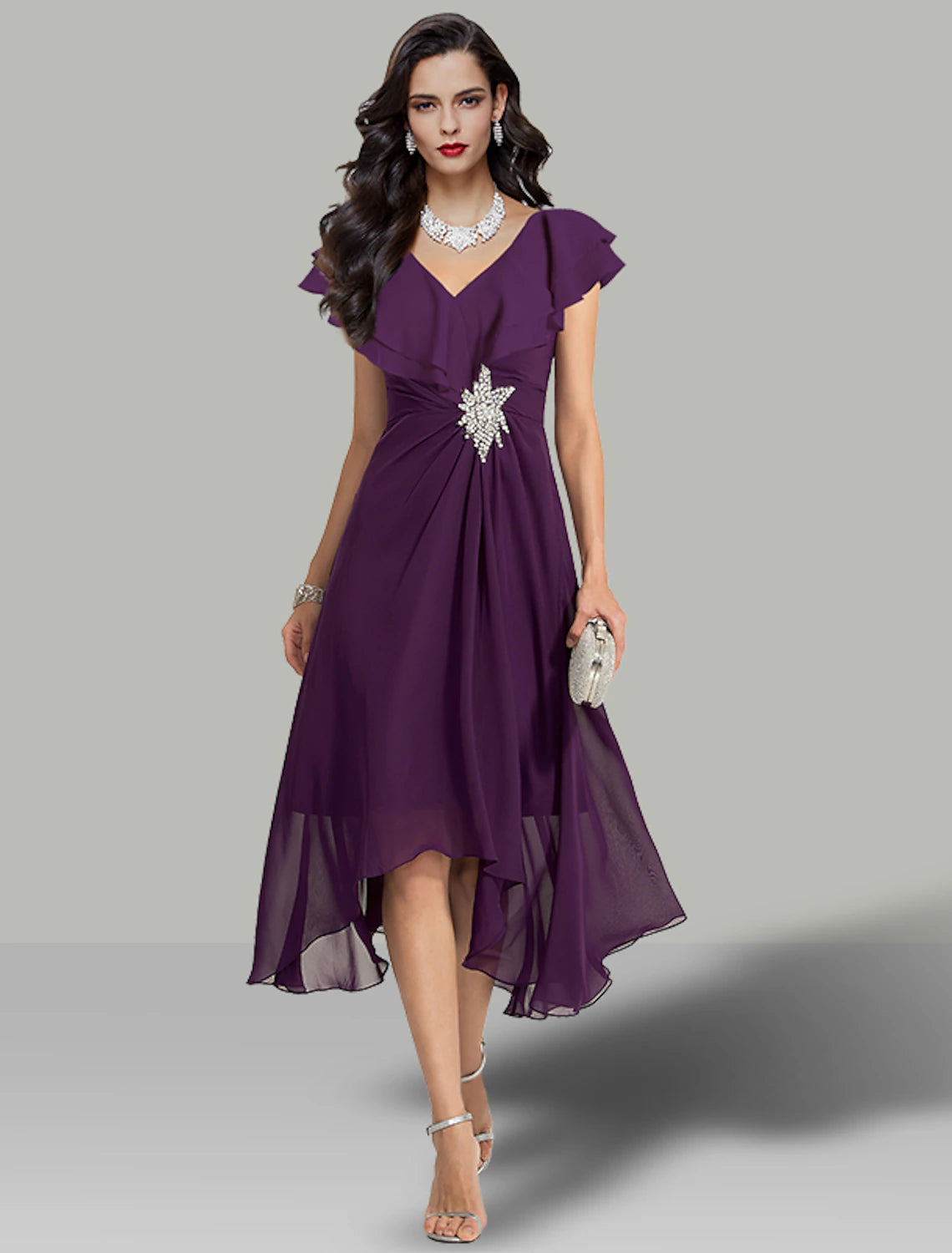 A-Line Wedding Guest Dresses Elegant Dress Cocktail Party Dress Semi Formal Tea Length Short Sleeve V Neck Chiffon