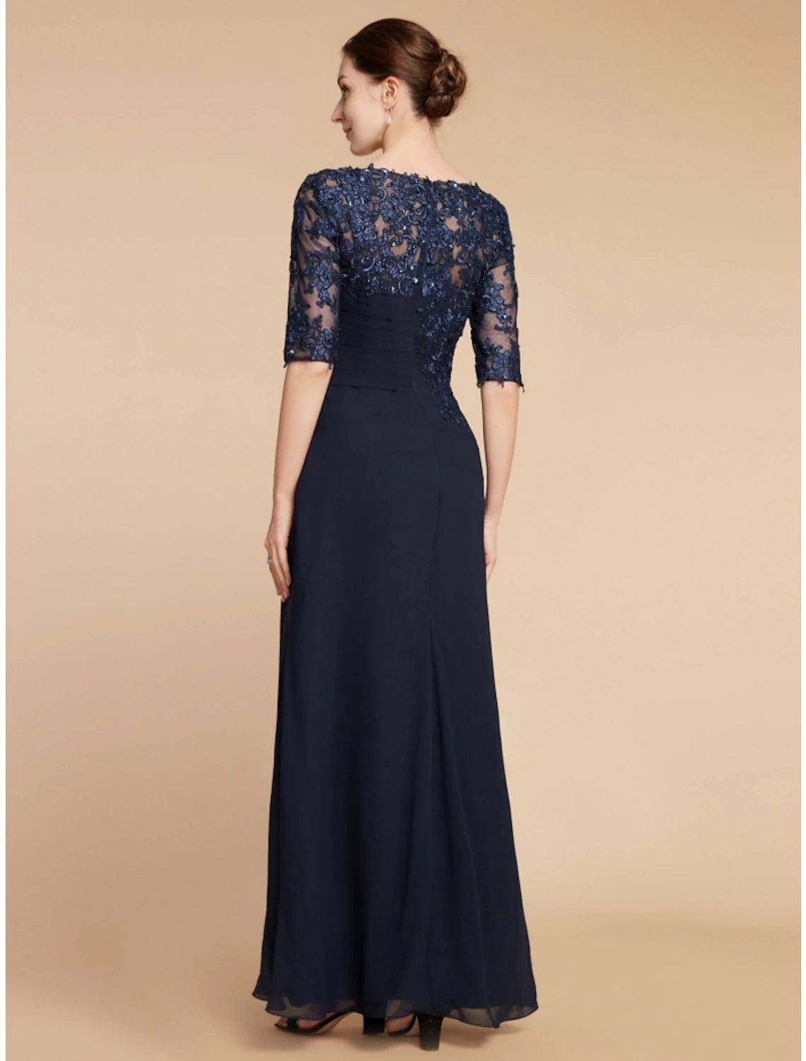 Sheath / Column Mother of the Bride Dress Wedding Guest Elegant Scoop Neck Ankle Length Chiffon Lace Half Sleeve with Sequin Ruching