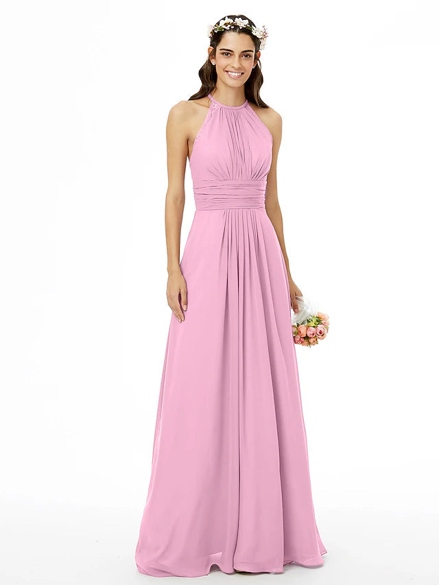 Sheath / Column Bridesmaid Dress Jewel Neck Sleeveless Beautiful Back Floor Length Chiffon with Lace / Sash / Ribbon