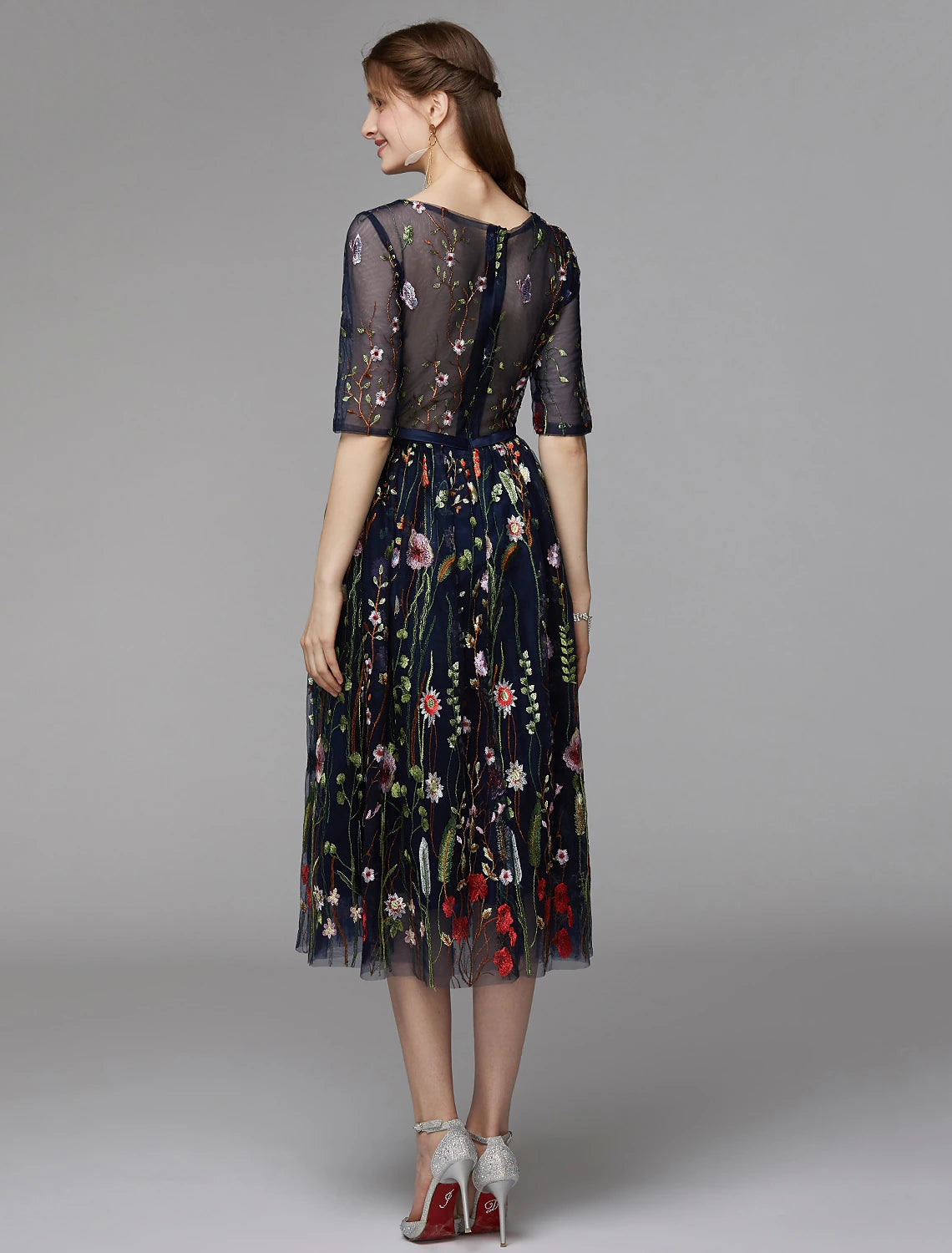 A-Line Party Dress Holiday Tea Length Half Sleeve Illusion Neck Organza with Embroidery