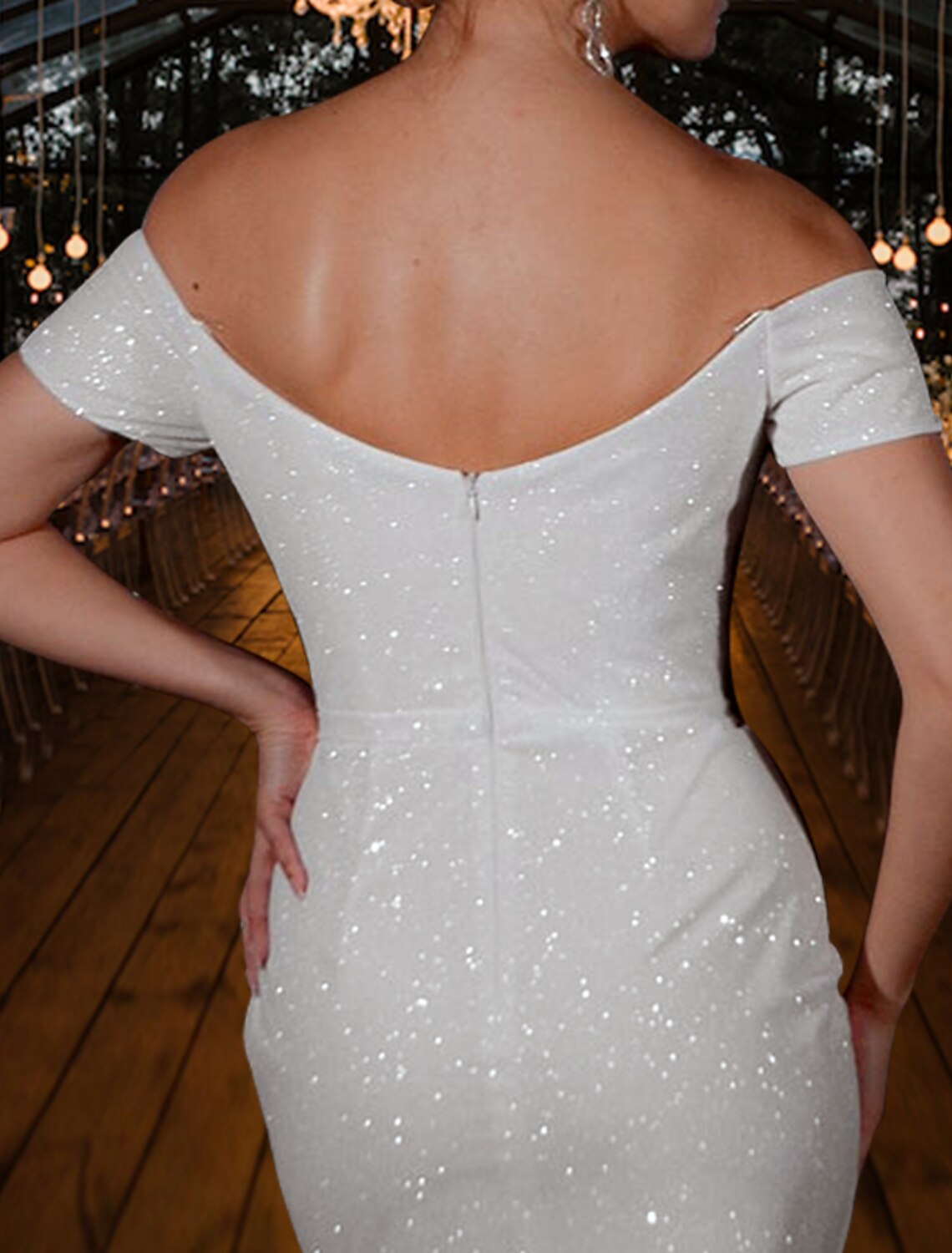 Bachelorette Party Sparkle & Shine Little White Dresses Wedding Dresses Sheath / Column Off Shoulder Cap Sleeve Tea Length Sequined Bridal Gowns With Ruched Split
