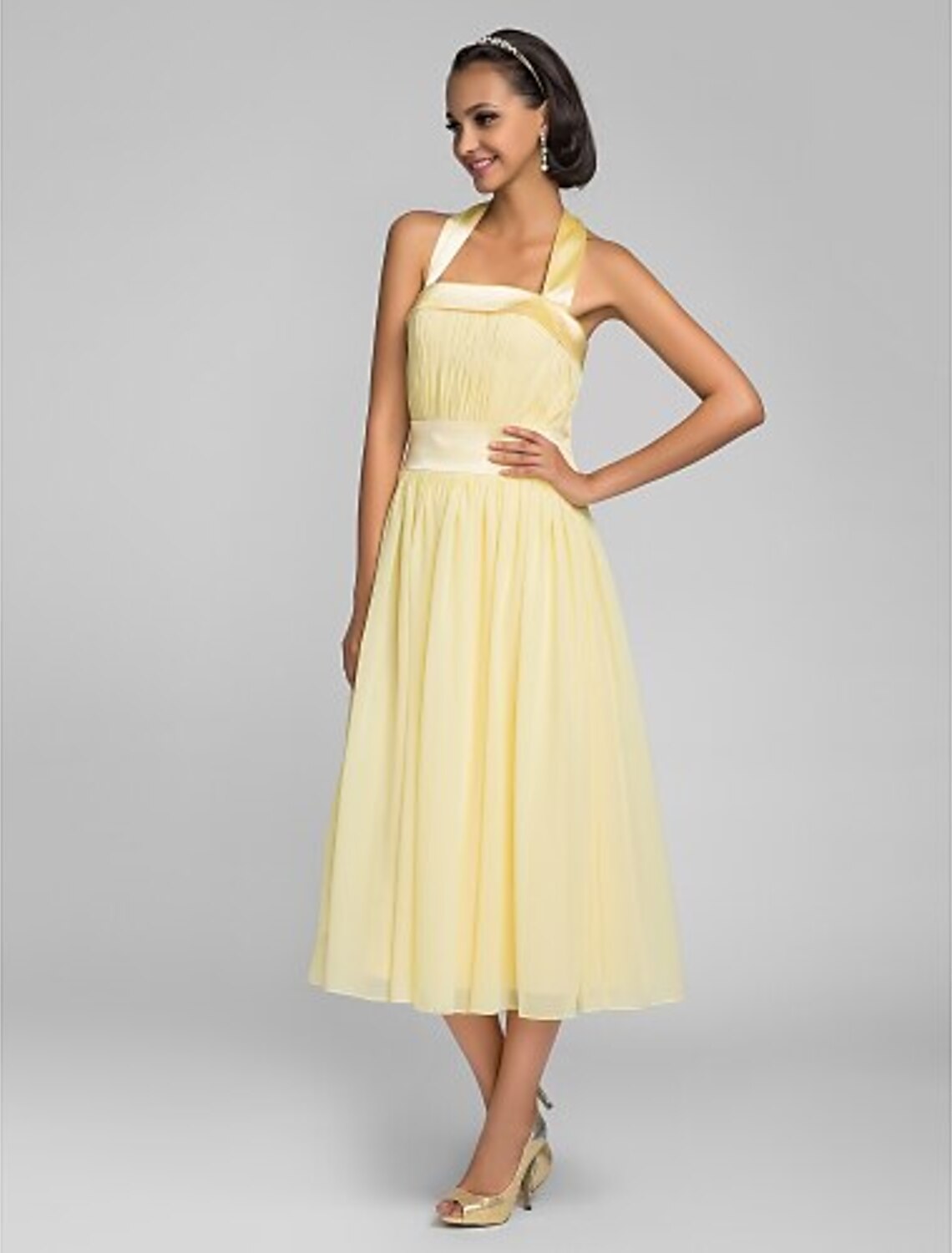 A-Line Halter Tea Length Chiffon Stretch Satin Bridesmaid Dress with Draping