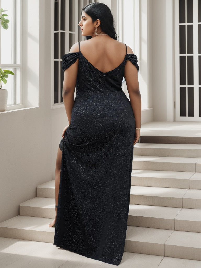 Plus Size V-Neck Cold Shoulder Floor-Length Evening Dress Sparkly