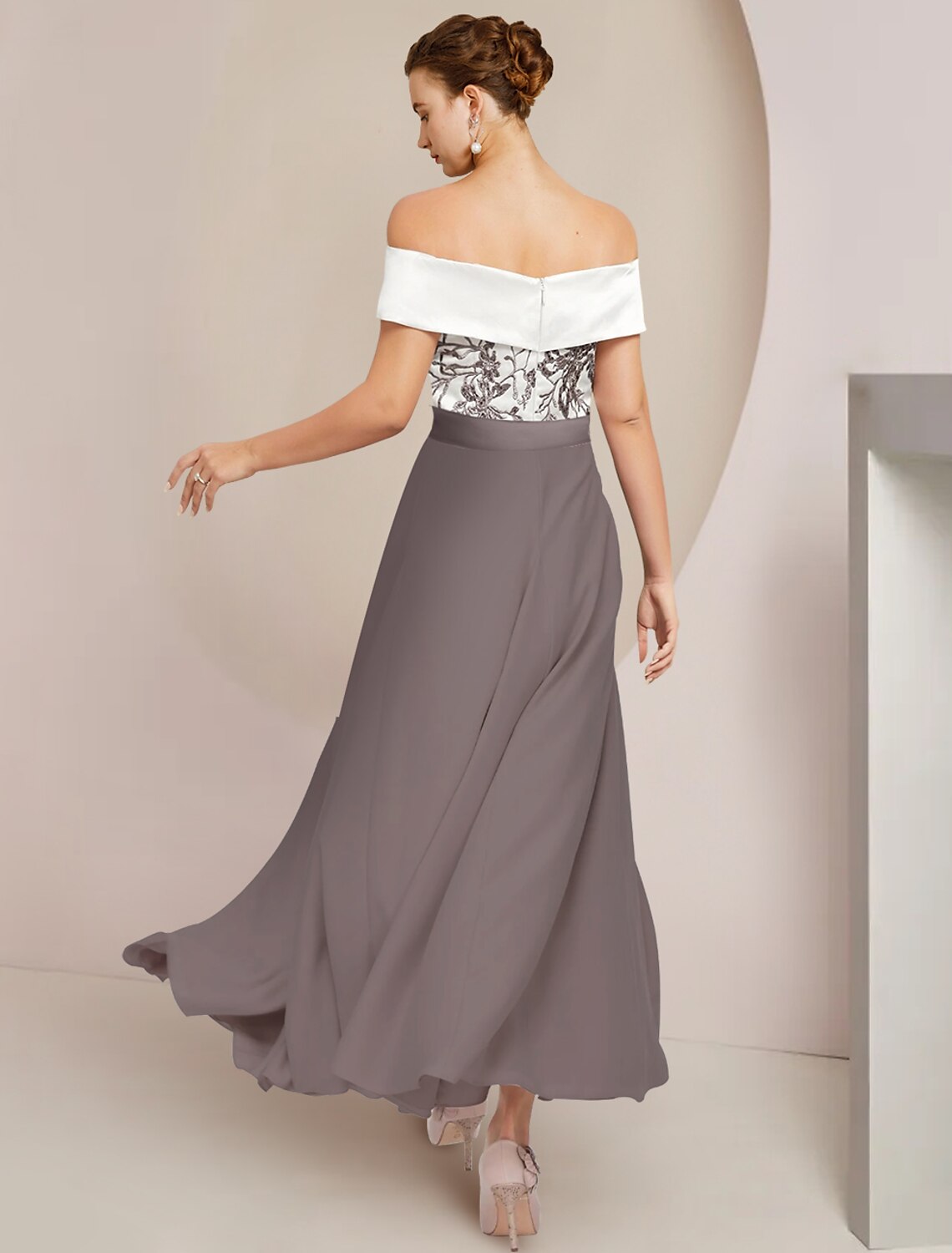 A-Line Mother of the Bride Dress Wedding Guest Elegant Off Shoulder Ankle Length Stretch Fabric Short Sleeve with Appliques
