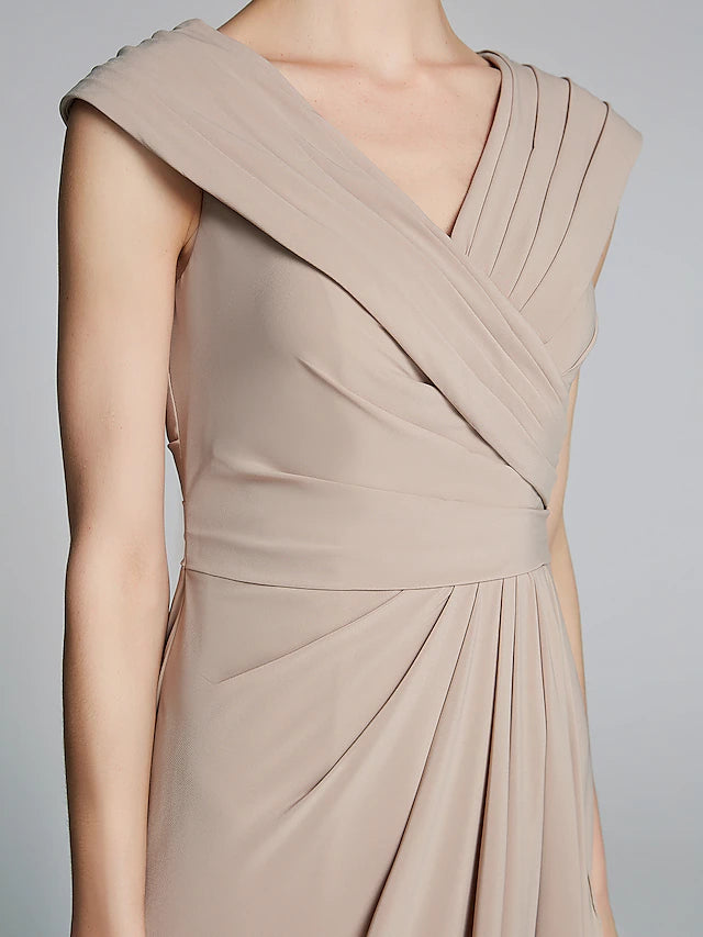 Sheath / Column Mother of the Bride Dress Elegant V Neck Floor Length Jersey Short Sleeve