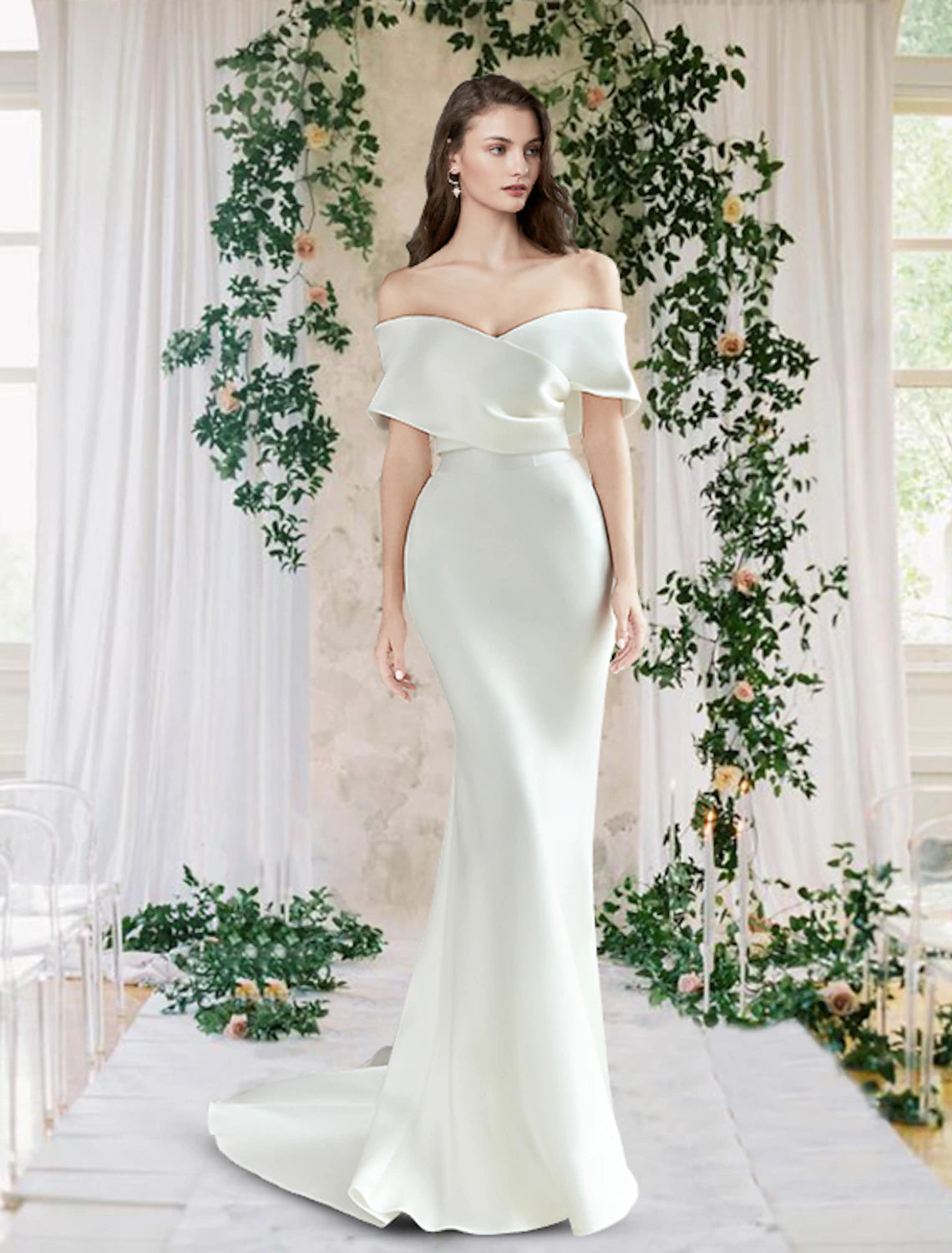 Hall Casual Wedding Dresses Chapel Train Sheath / Column Cap Sleeve Off Shoulder Satin