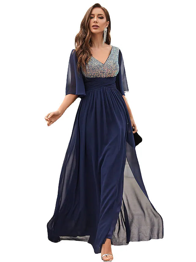 A-Line Wedding Guest Dresses Sparkle & Shine Dress Party Wear Floor Length Half Sleeve V Neck Chiffon with Crystals