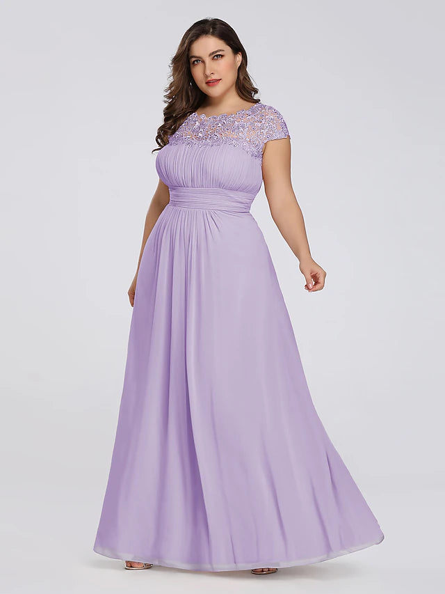 A-Line Mother of the Bride Dress Plus Size Jewel Neck Floor Length Chiffon Short Sleeve with Lace