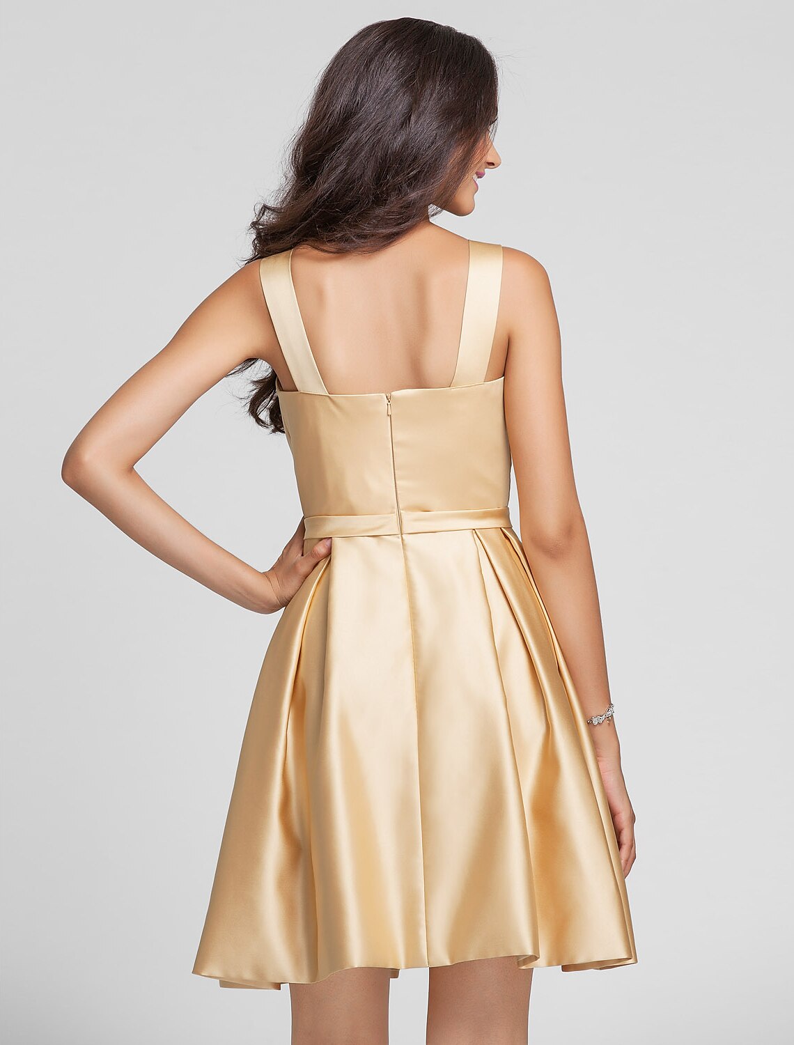 Ball Gown / A-Line V Neck Knee Length Satin Bridesmaid Dress with Sash / Ribbon / Criss Cross