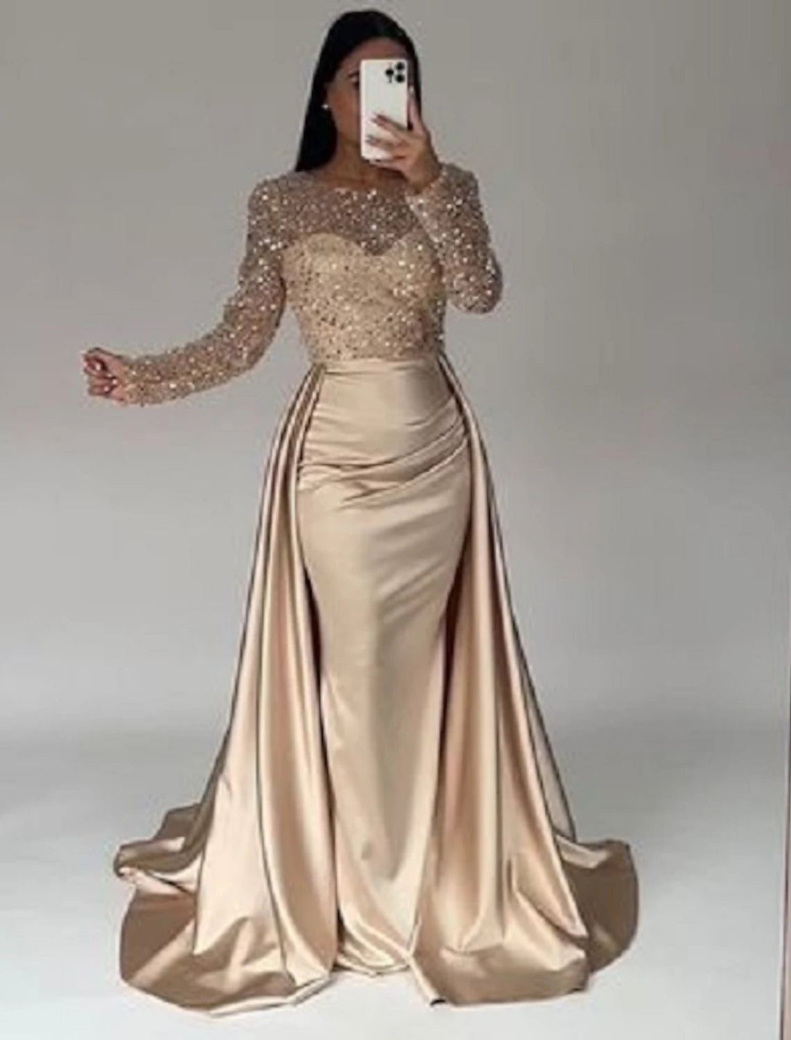 Mermaid / Trumpet Evening Gown Sparkle & Shine Dress Carnival Masquerade Floor Length Long Sleeve Illusion Neck Fall Wedding Reception Satin