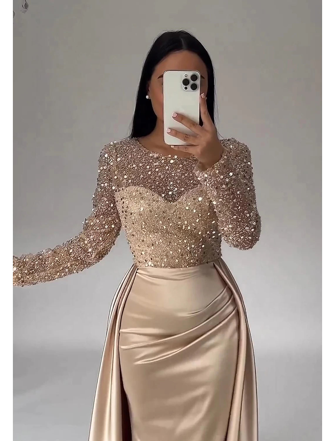 Mermaid / Trumpet Evening Gown Sparkle & Shine Dress Carnival Masquerade Floor Length Long Sleeve Illusion Neck Fall Wedding Reception Satin