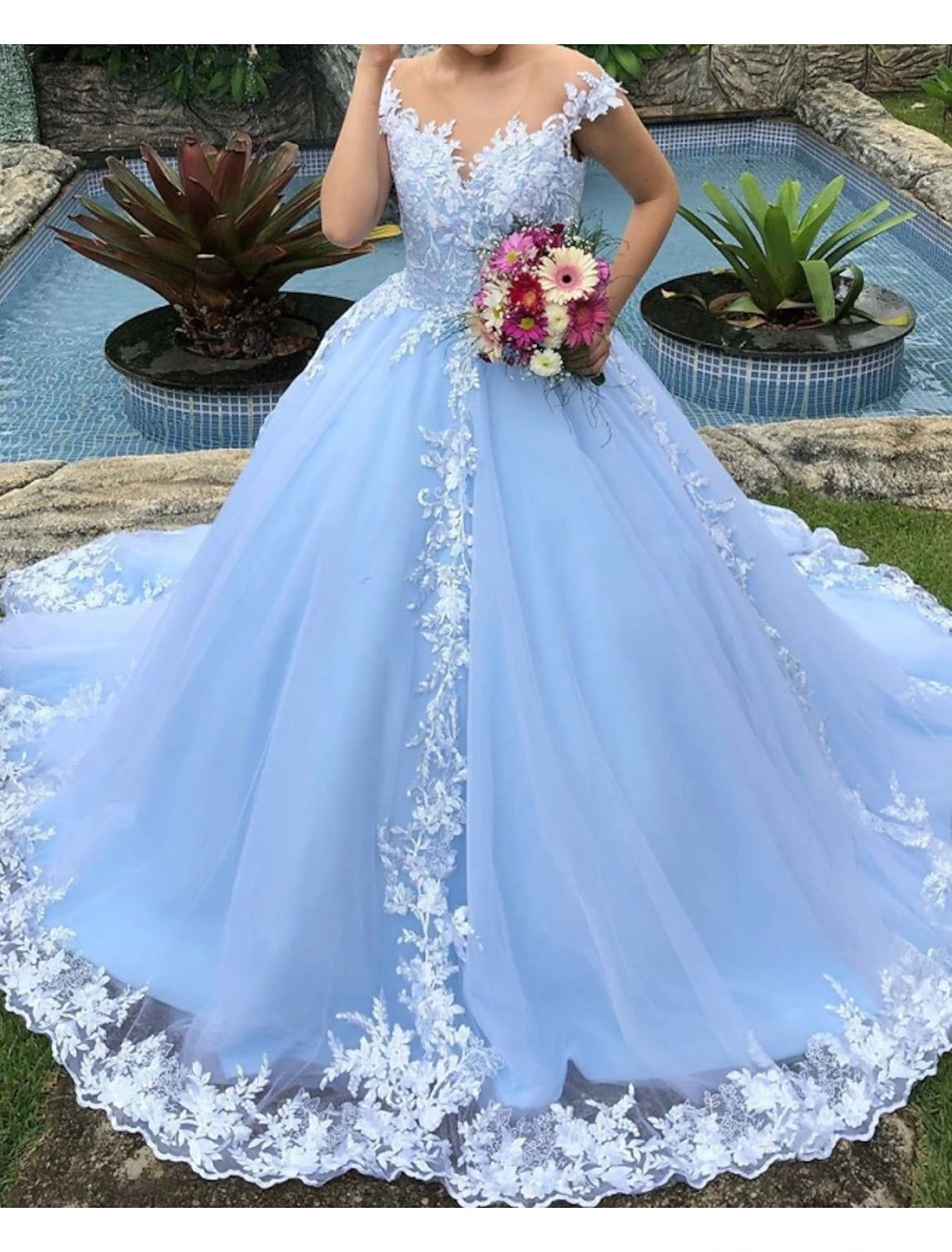 Engagement Wedding Dresses in Color Formal Wedding Dresses Ball Gown V Neck Cap Sleeve Chapel Train Lace Bridal Gowns