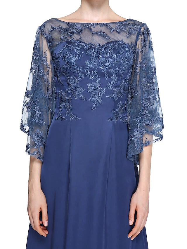 Sheath / Column Mother of the Bride Dress Elegant See Through Bateau Neck Ankle Length Chiffon Lace Half Sleeve