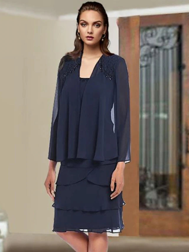 Two Piece Sheath / Column Mother of the Bride Dress Elegant Scoop Neck Knee Length Chiffon Lace Sleeveless Wrap Included with Beading