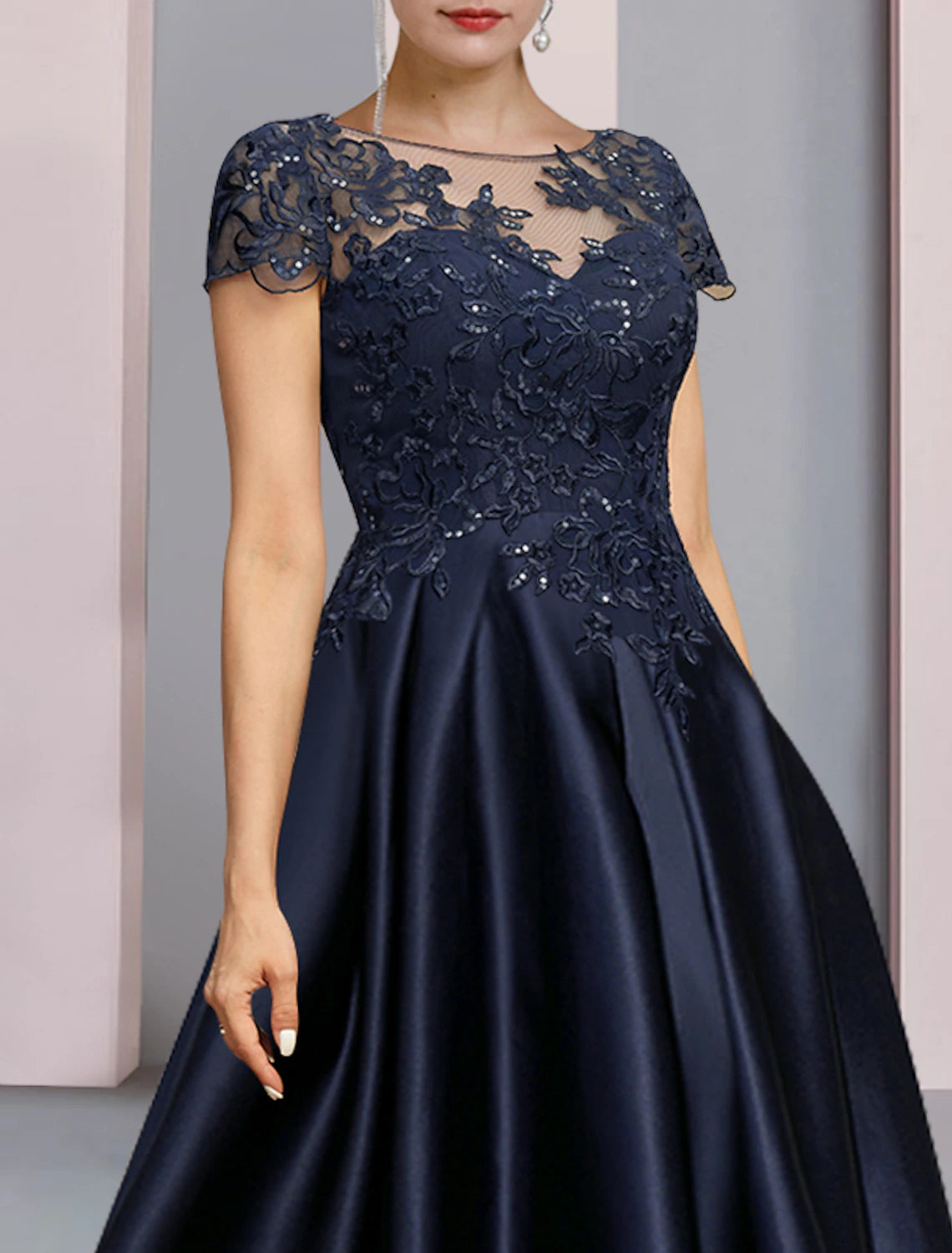 A-Line Mother of the Bride Dress Formal Wedding Guest Party Elegant High Low Scoop Neck Asymmetrical Tea Length Satin Lace Half Sleeve with Sequin